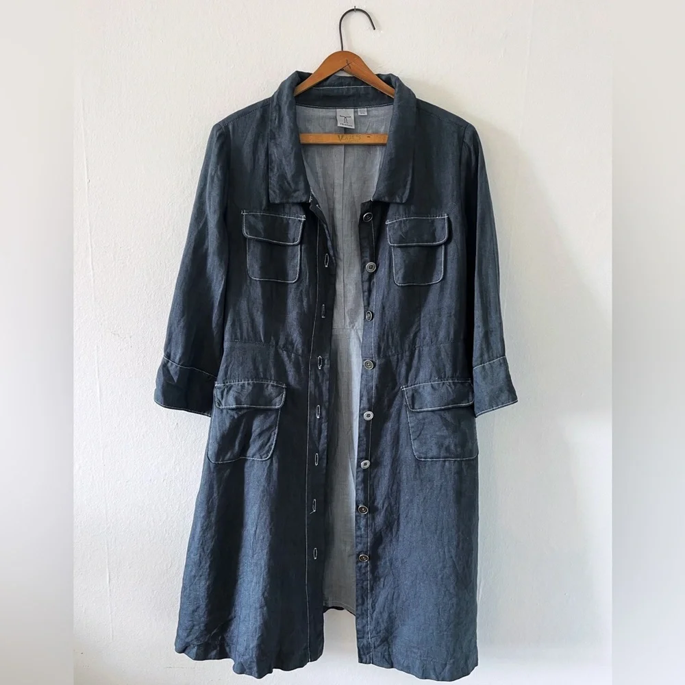 Tristan Light Linen Utility Shirt Dress | Medium | Contrast Stitching, Pockets - Picture 4 of 5